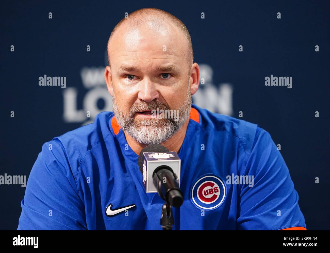 Chicago Cubs Manager, David Ross, speaks in a press conference during a