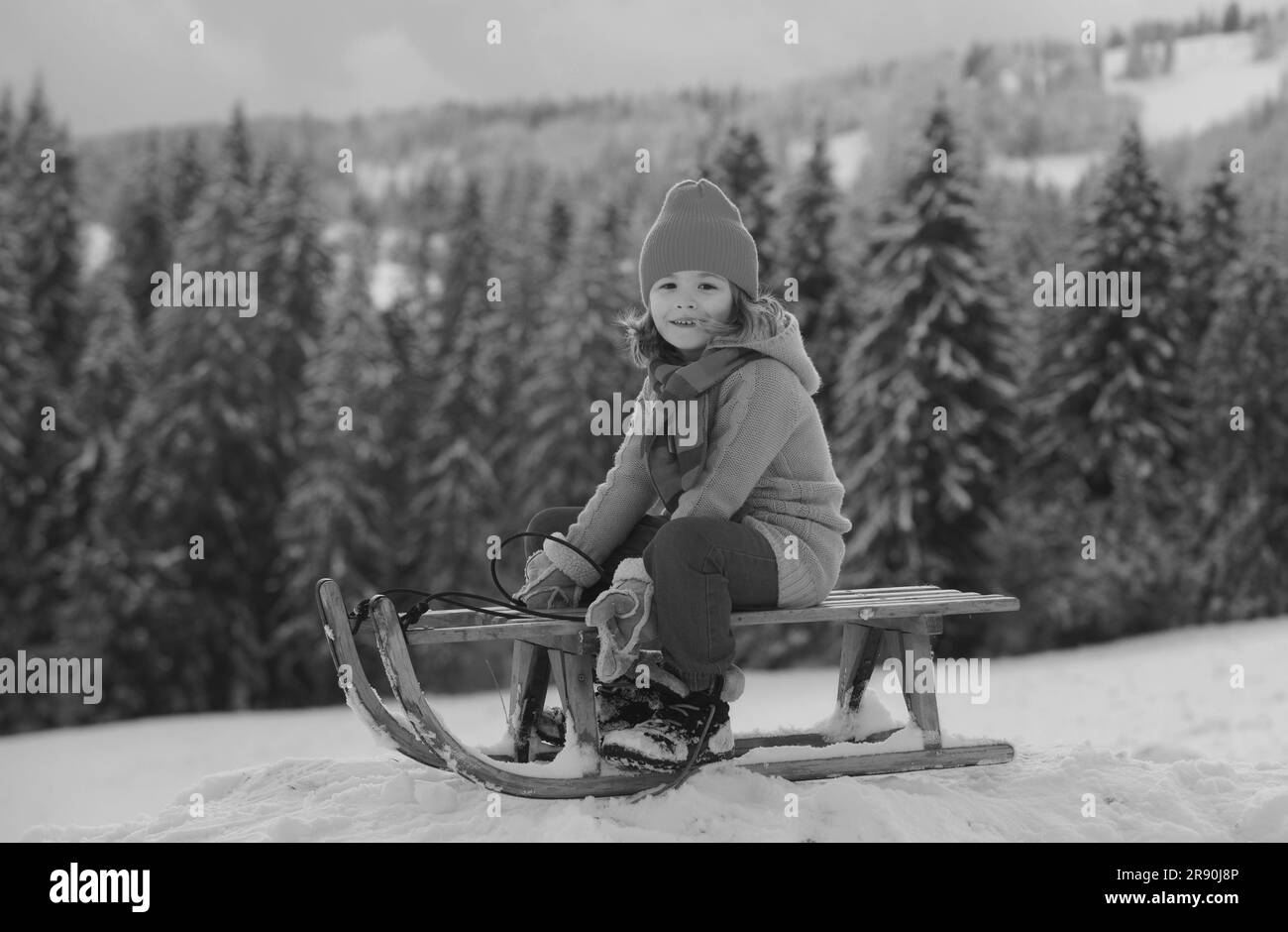 Cute boy enjoying a sleigh ride. Child sledding, riding a sledge play outdoors in snow on winter landscape. Outdoor winter active fun for family vacat Stock Photo