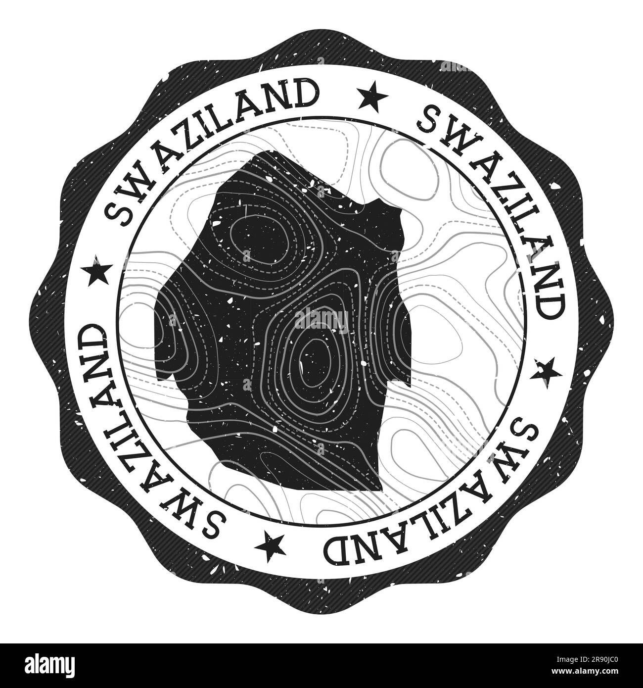 Swaziland outdoor stamp. Round sticker with map of country with topographic isolines. Vector illustration. Can be used as insignia, logotype, label, s Stock Vector