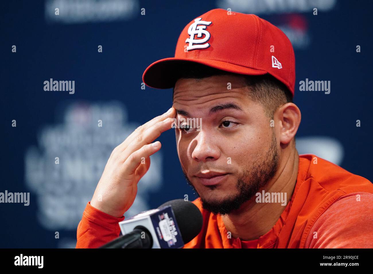 St. Louis Cardinals’ Willson Contreras speaks in a press conference during a workout day ahead of the MLB London Series Match at the London Stadium, London. Picture date: Friday June 23, 2023. Stock Photo