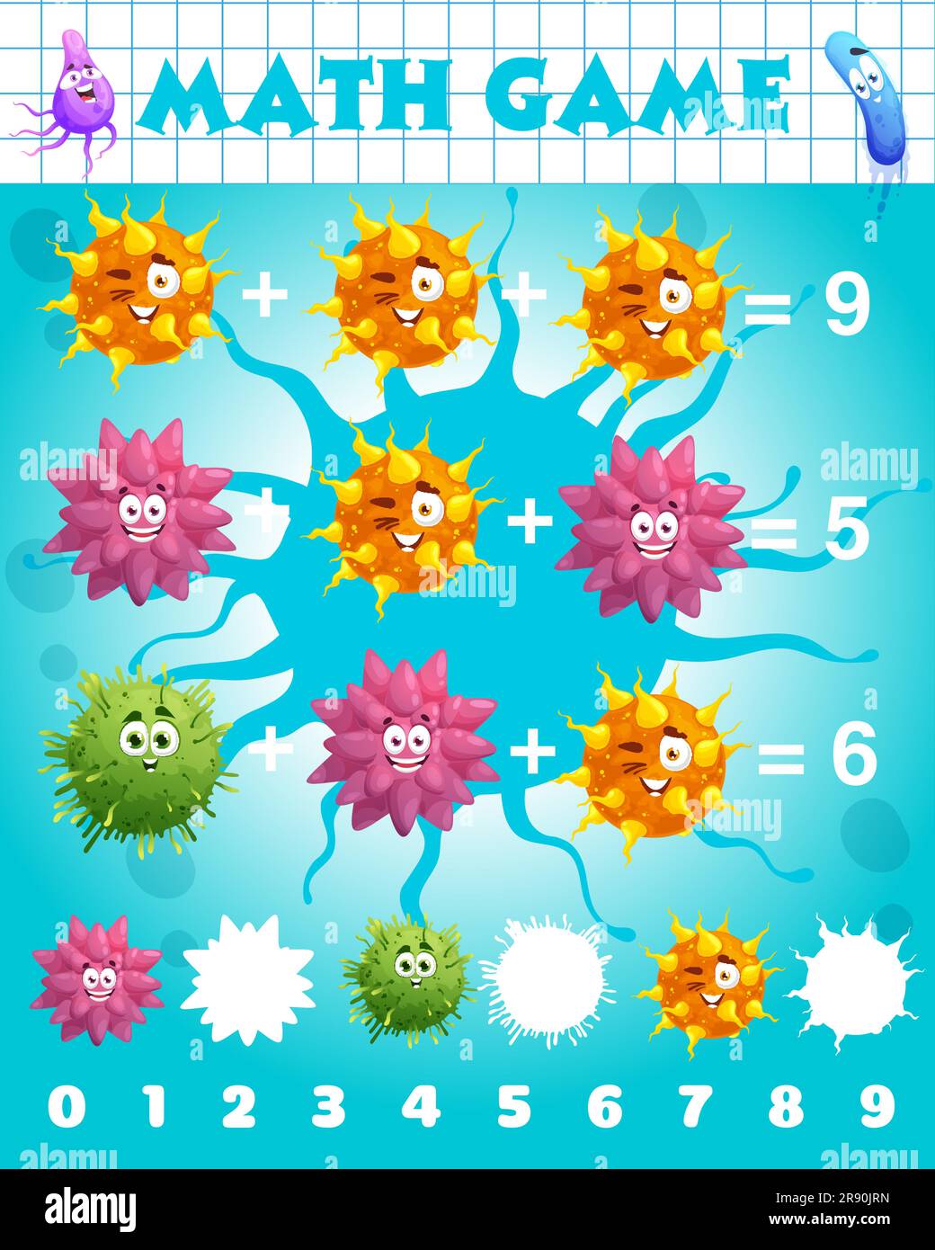 Cartoon virus and microbe characters, math game worksheet. Vector