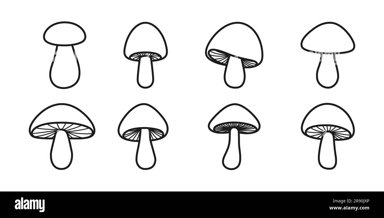 Vector Hand Drawn Cartoon Flat Mushroom Icon Set. Mushroom Illustration, Mushrooms Collection. Magic Mushroom Symbol, Design Template Stock Vector
