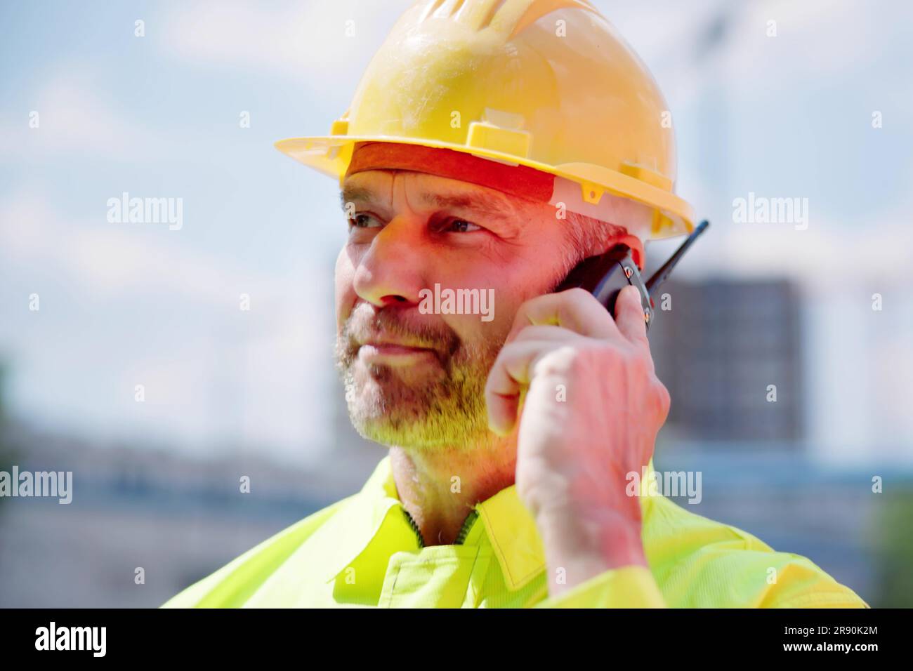 Inspection Engineer Worker At Construction Site Using Tablet Stock Photo