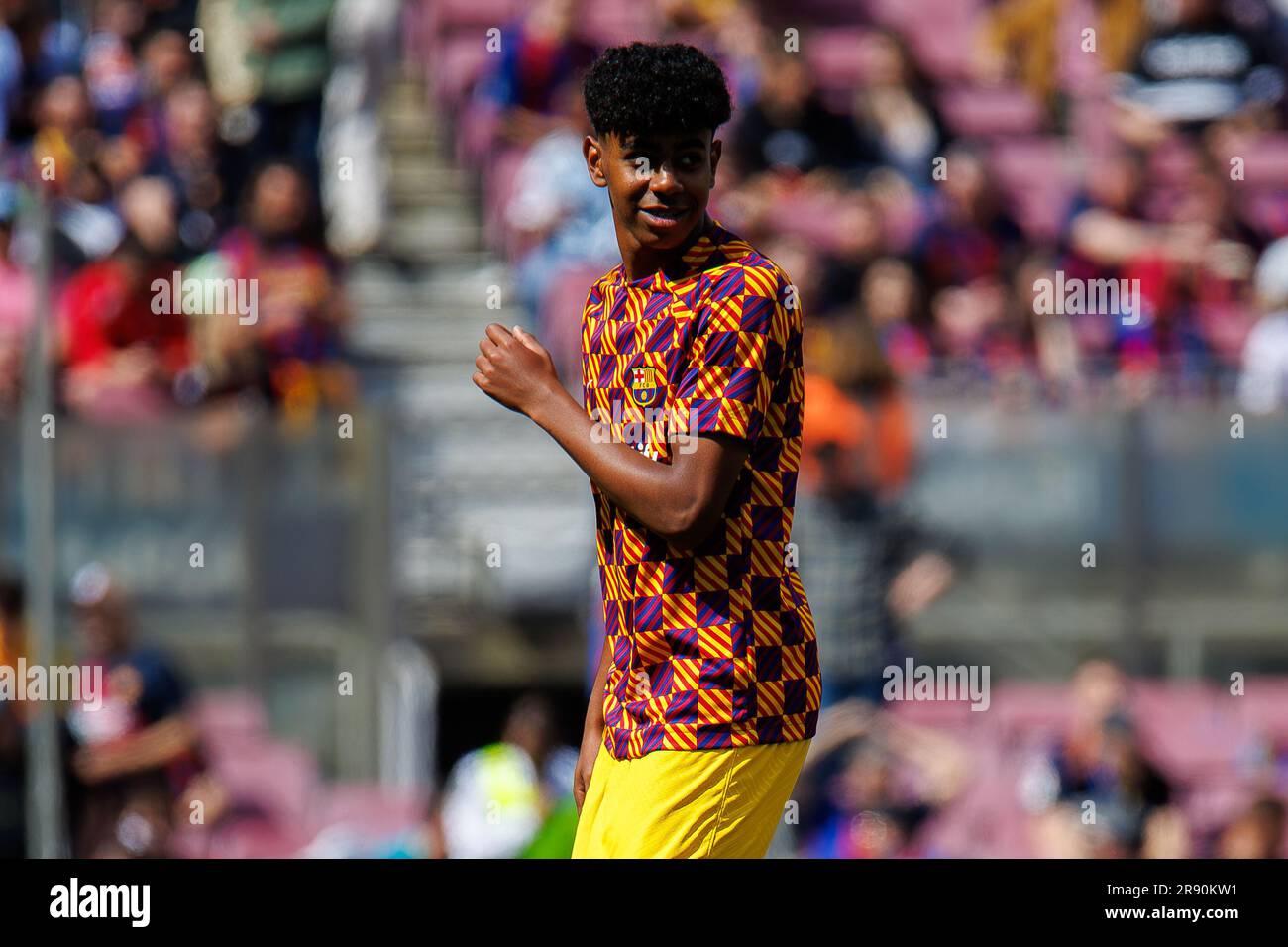 BARCELONA - APR 23: Lamine Yamal in action during the LaLiga match