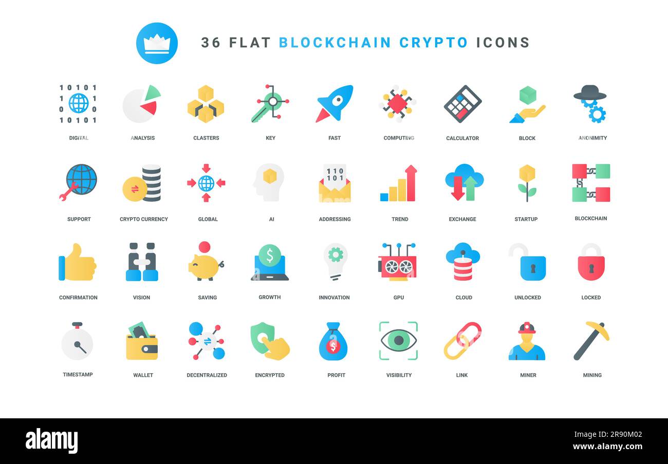 Trendy flat color icons for cryptocurrency, blockchain, global digital crypto money trends, profit on fintech exchange analysis, bitcoin data mining, startup launch rocket vector illustration Stock Vector