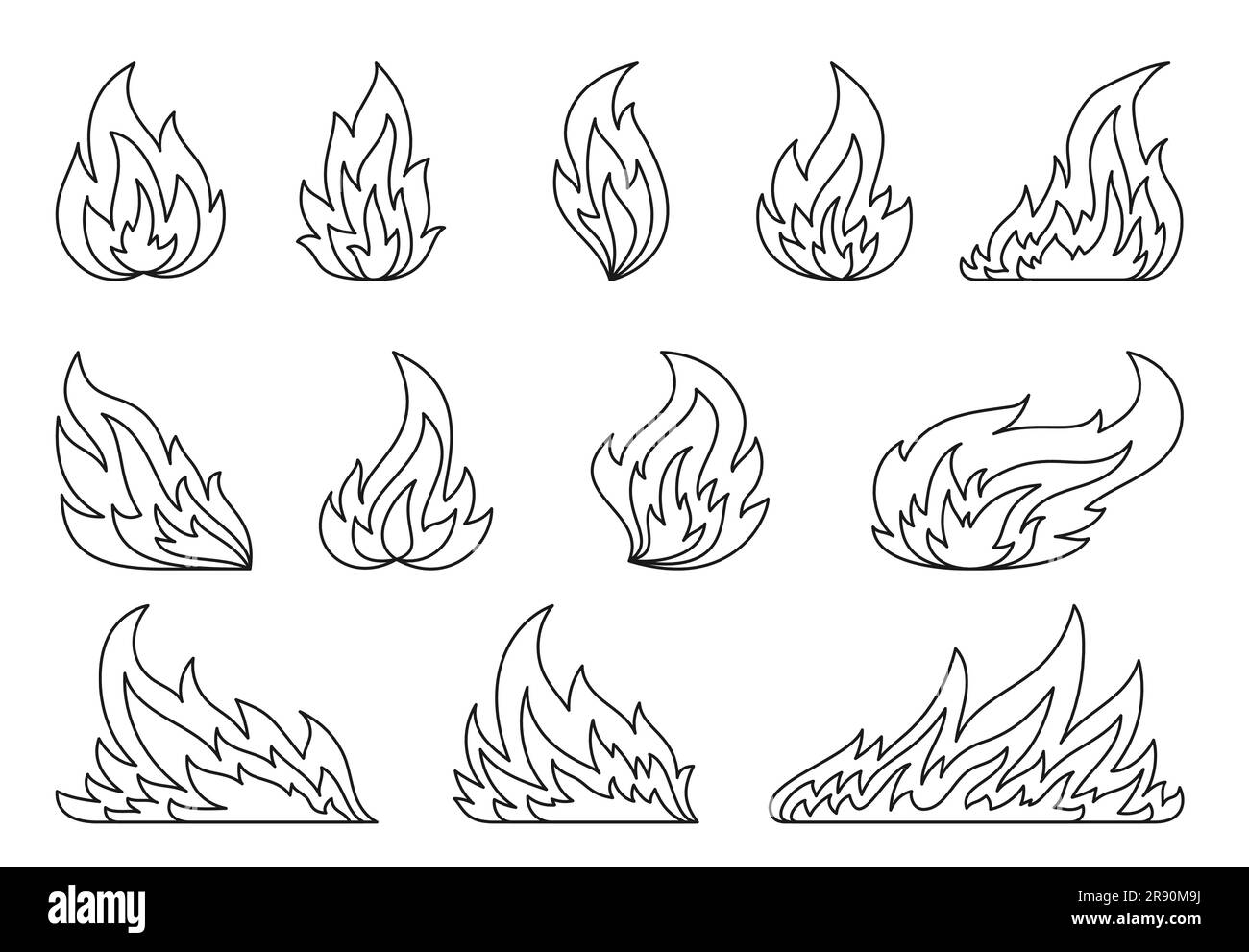 Fireball flame, hot fire linear signs. Campfire fiery black line icon set. Furious flammable combustion flat clipart. Dangerous natural gas blazing. Burning wildfire bonfires on white. Coloring page Stock Vector