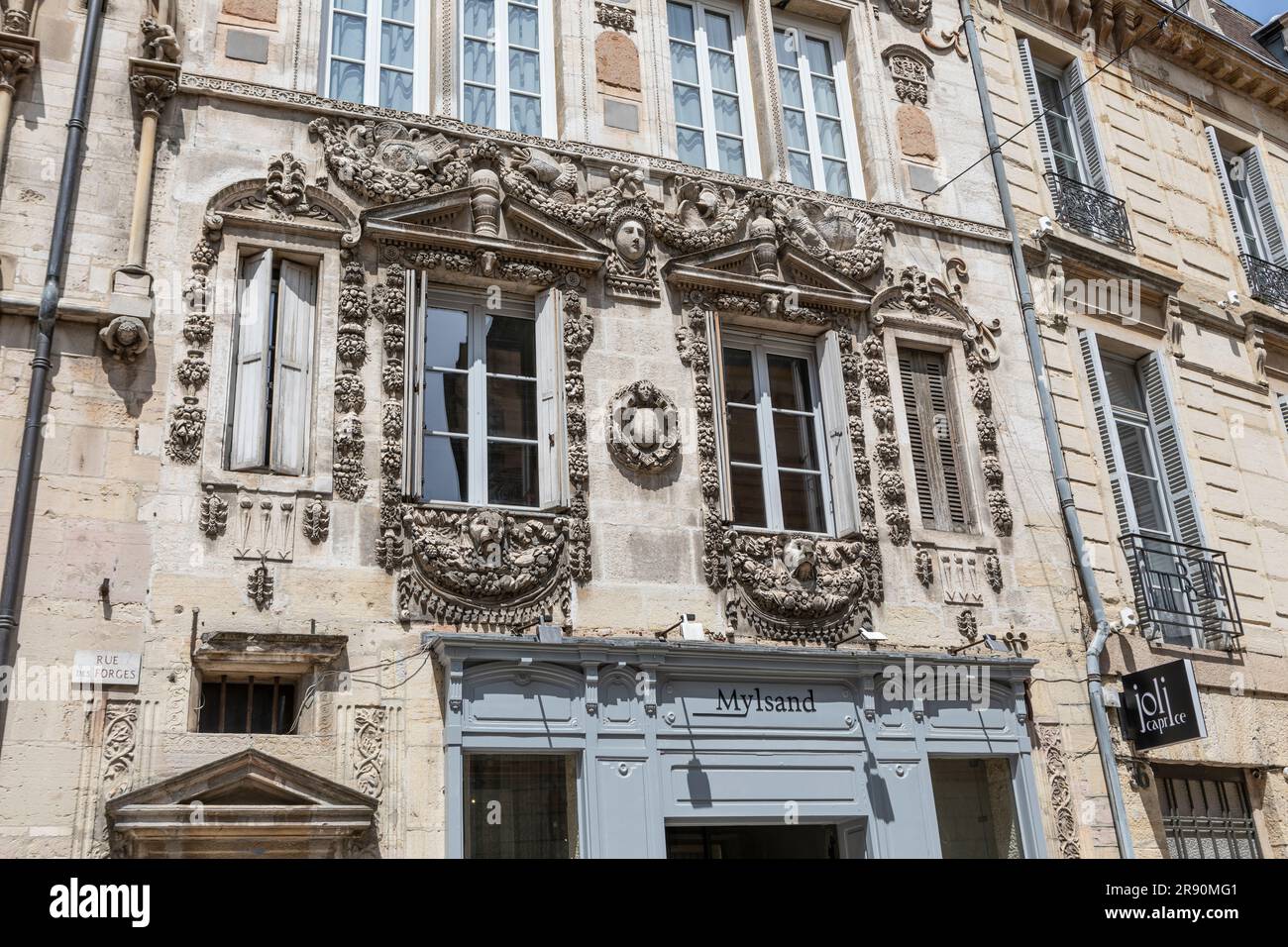 A decorative building on Rue Des Forges in Dijon, France Stock Photo