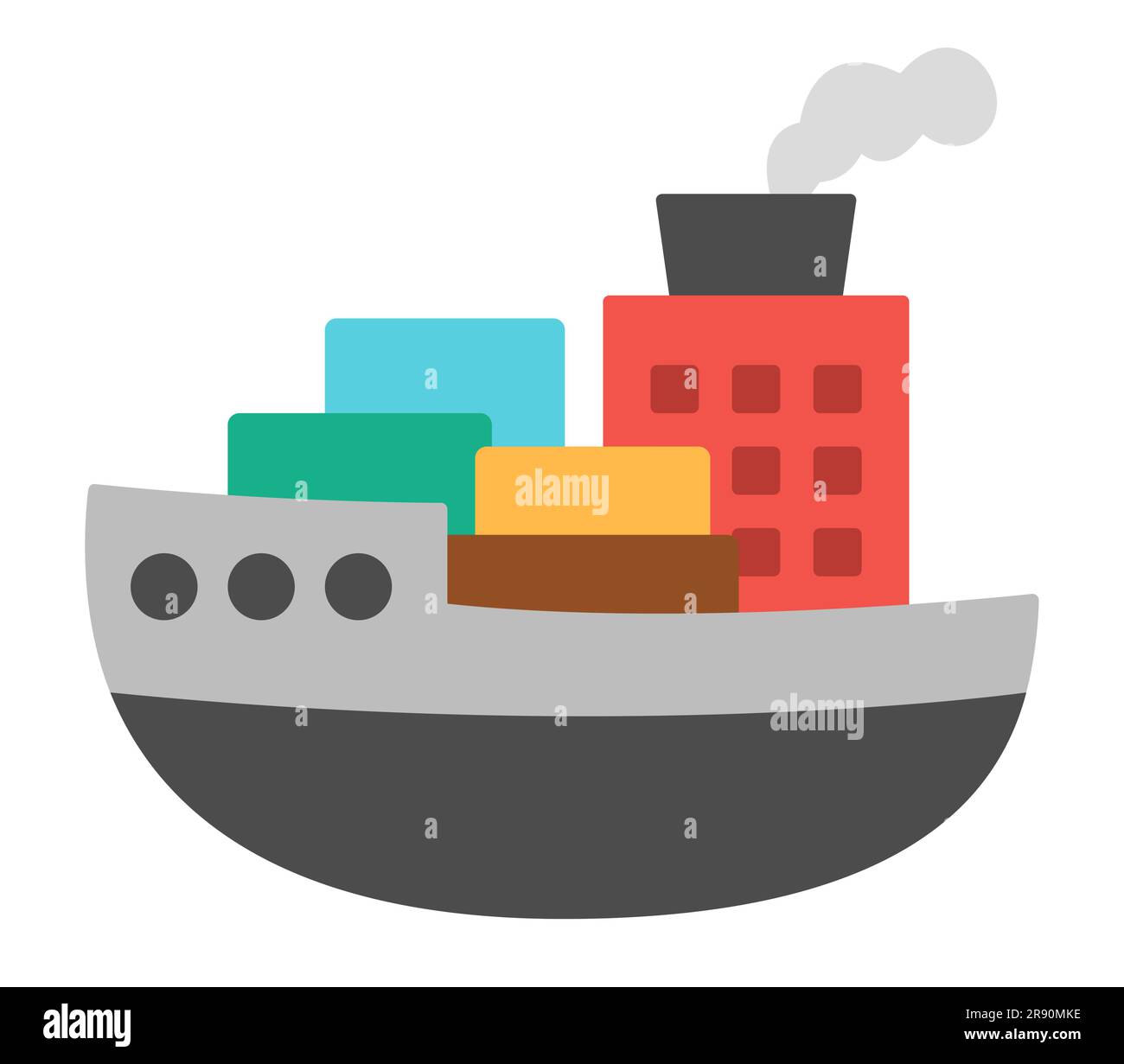 Vector barge with tubes, steam, freight. Water transport icon. Funny