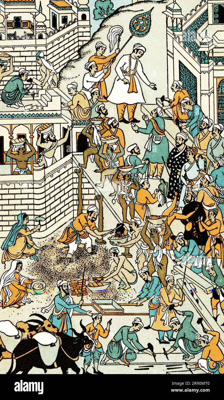 Akbar directing the construction of the royal city of Fathpur, 1571. After an illustration to the Akbarnama, c1596. Abu'l-Fath Jalal-ud-din Muhammad Akbar (1542-1605), popularly known as Akbar the Great, and also as Akbar I, was the third Mughal emperor, who reigned from 1556 to 1605. Stock Photo