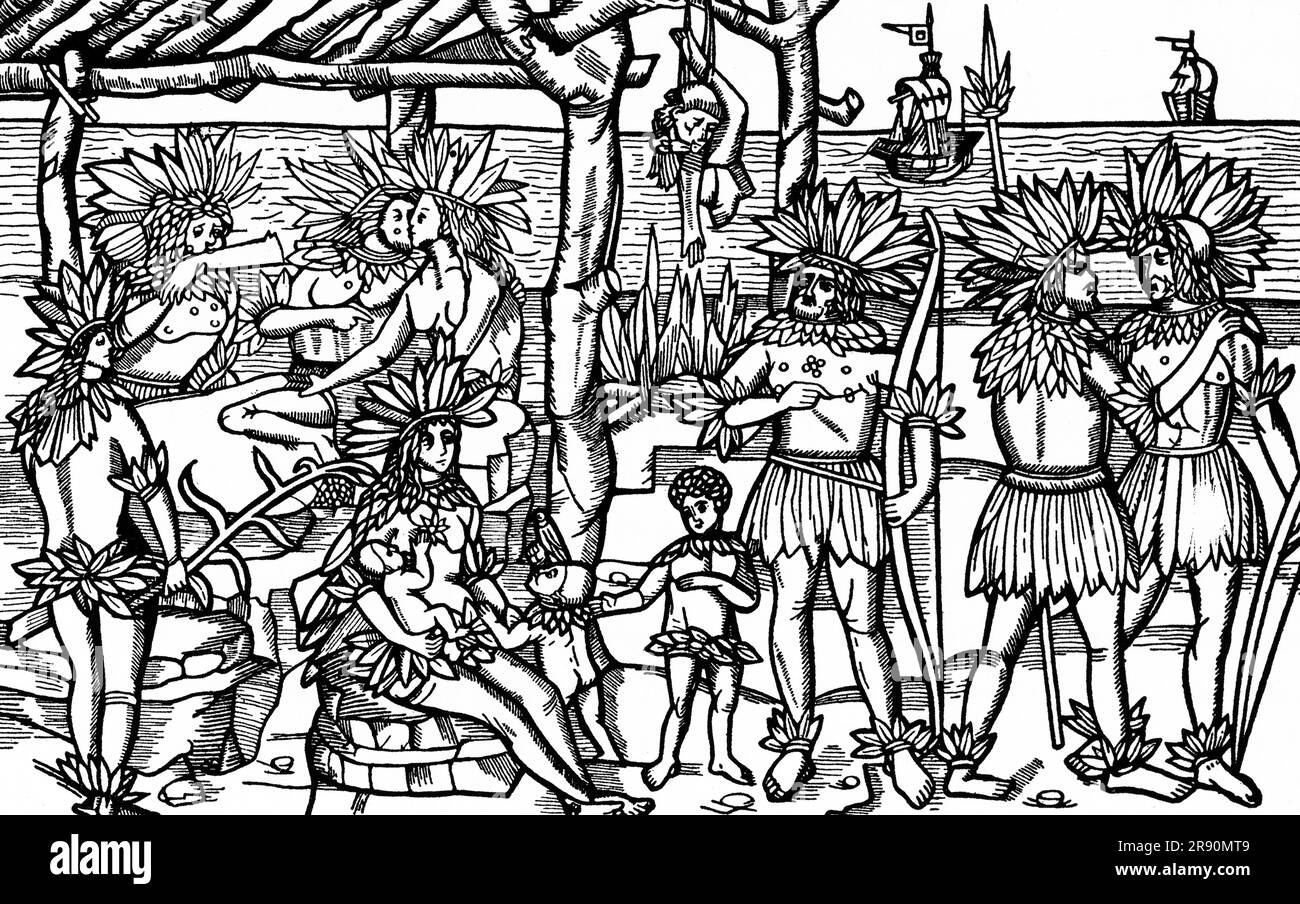 New World Scene, 1505. By Johann Froschauer (d1523). This woodcut is an important early example of European depictions of the New World. It is considered the earliest depiction of American Indians to be somewhat ethnographically accurate and was probably inspired by the descriptions of Amerigo Vespucci in his book Mundus Novum, 1503, which detailed his experiences during his time in the New World (Americas). Stock Photo