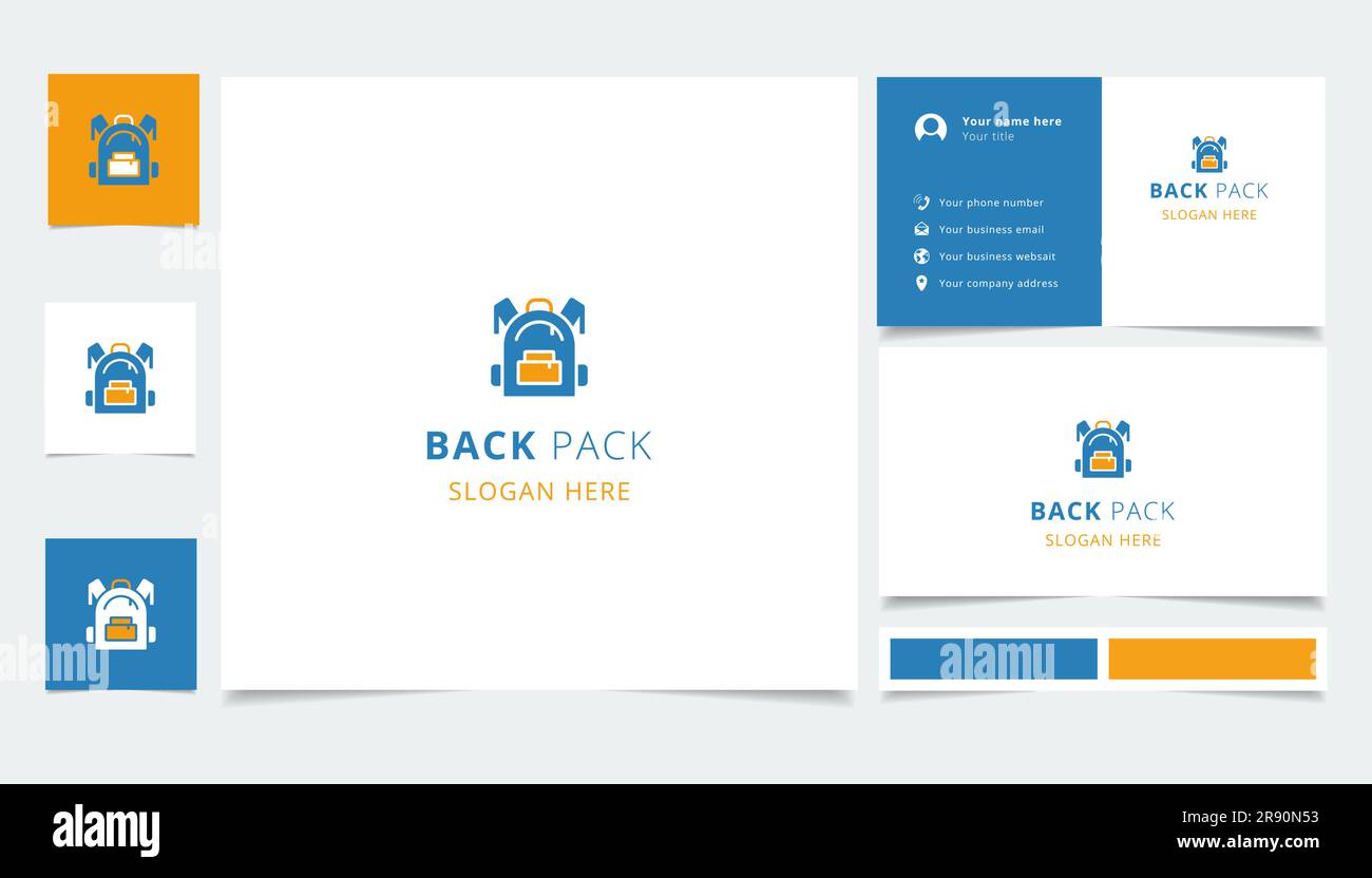 Backpack logo design with editable slogan. Branding book and business