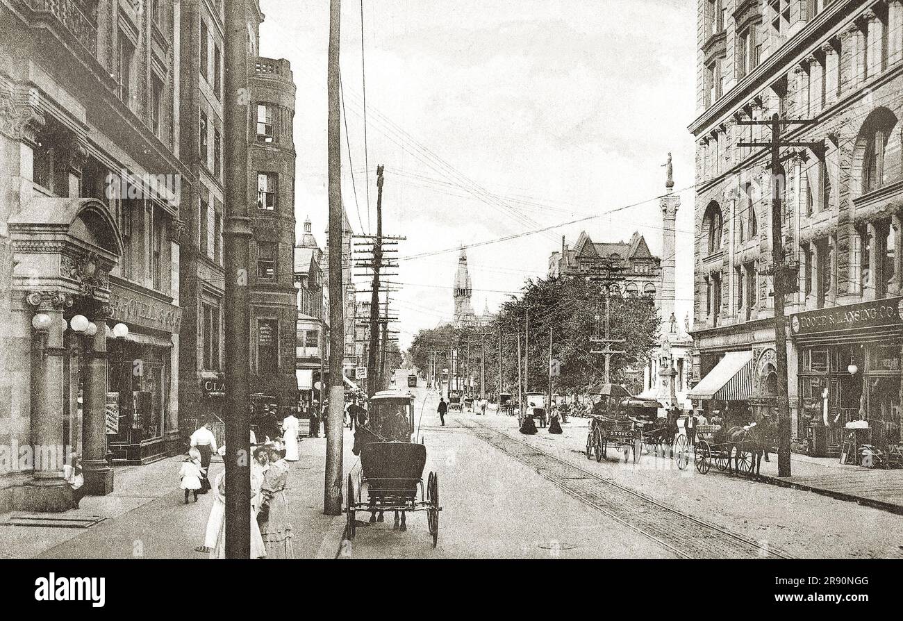 Washington Ave., Looking North, Scranton, Pennsylvania. Showing horses, people, & wagons,Circa 1908. Scranton is a city in the Commonwealth of Pennsylvania, United States, and the county seat of Lackawanna County.Scranton is the largest city in Northeastern Pennsylvania and the Scranton–Wilkes-Barre–Hazleton Metropolitan Statistical Area, which has a population of 562,037 as of 2020. It is the seventh-largest city or borough in Pennsylvania. Scranton/Wilkes-Barre is the cultural and economic center of a region called Northeastern Pennsylvania, which is home to over 1.3 million residents. Stock Photo