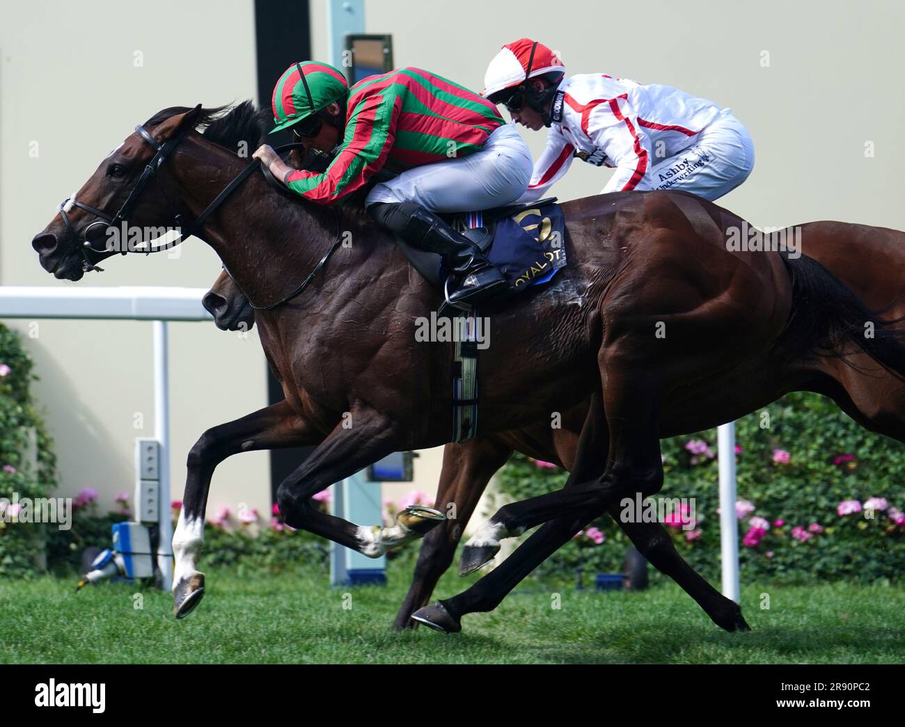 Okita Soushi ridden by Ryan Moore (left) wins The Duke Of Edinburgh Stakes during day four of Royal Ascot at Ascot Racecourse, Berkshire. Picture date: Friday June 23, 2023. Stock Photo