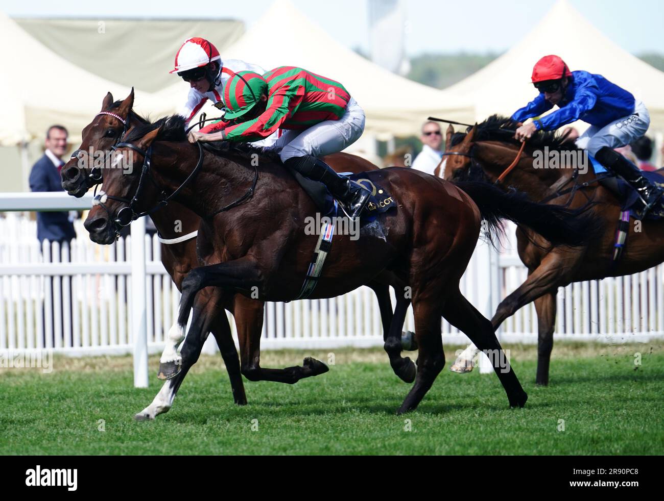 Okita Soushi ridden by Ryan Moore (front left) wins The Duke Of Edinburgh Stakes during day four of Royal Ascot at Ascot Racecourse, Berkshire. Picture date: Friday June 23, 2023. Stock Photo