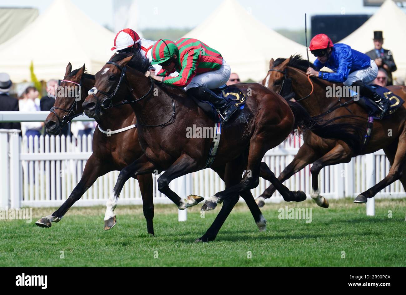 Okita Soushi ridden by Ryan Moore (centre) wins The Duke Of Edinburgh Stakes during day four of Royal Ascot at Ascot Racecourse, Berkshire. Picture date: Friday June 23, 2023. Stock Photo