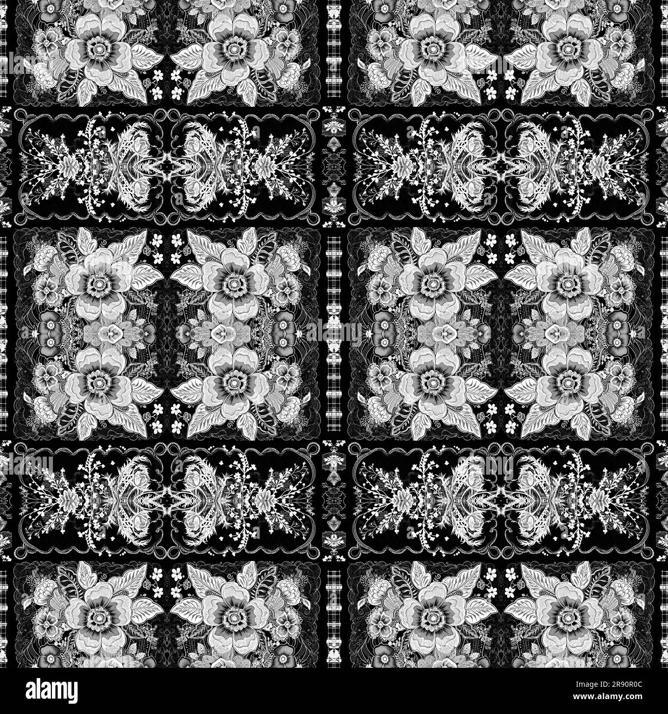 Intricate black and white lace folk flower pattern with an elegant ...