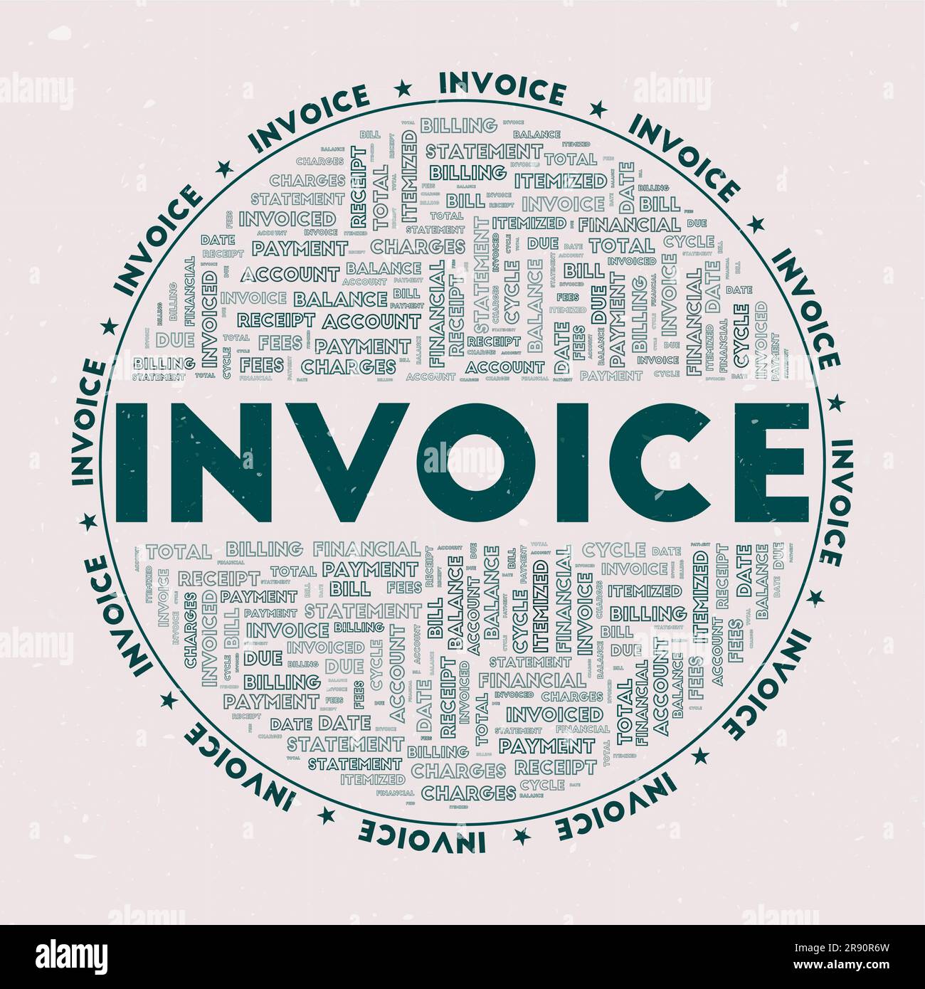 Invoice - round badge. Text invoice with keywords word clouds and circular text. Tropical Forest color theme and grunge texture. Radiant vector illust Stock Vector