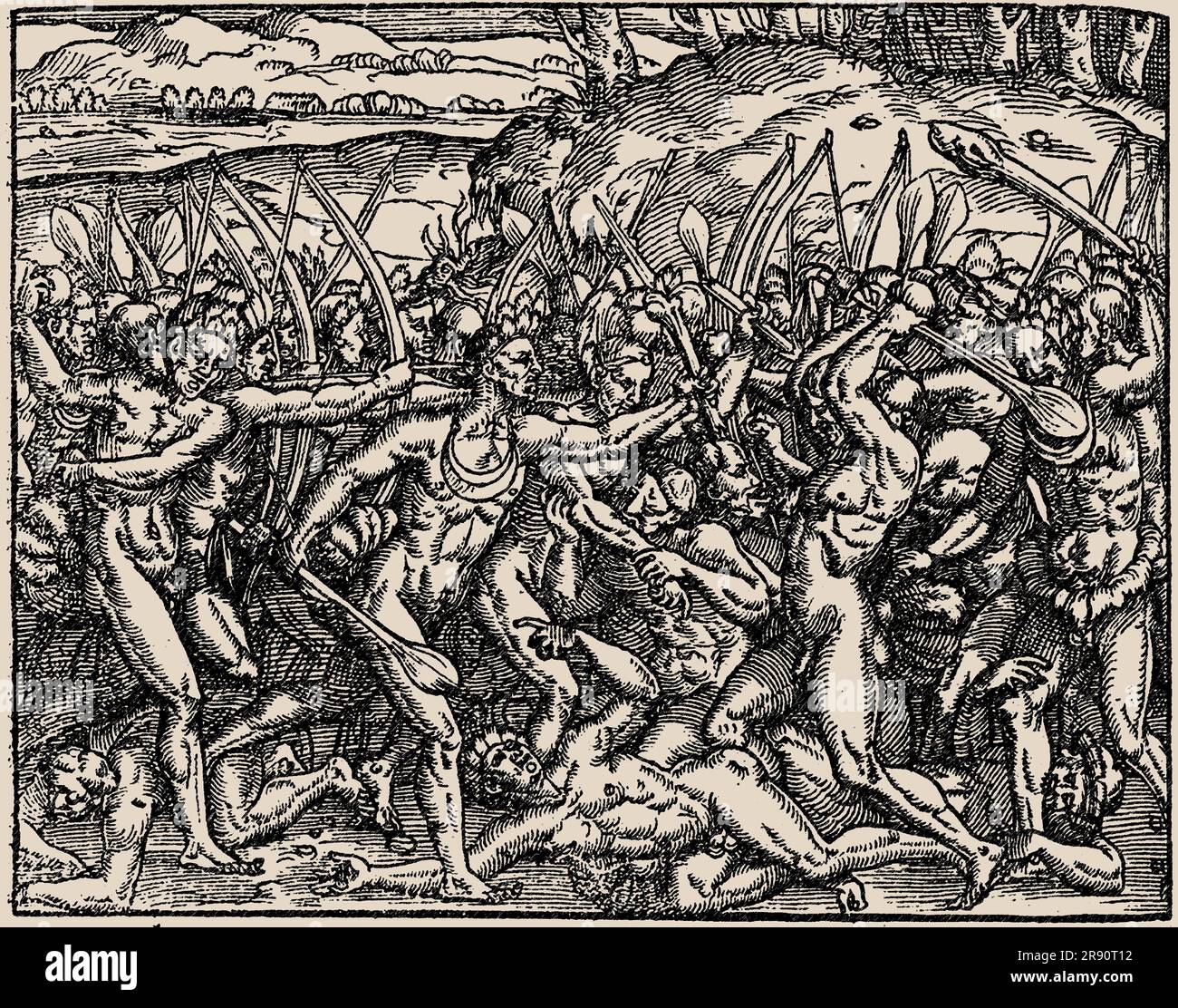 Brazil. As savages make war against each other... From Cosmografia universal by Andr&#xe9; Thevet, 1558. Private Collection. Stock Photo