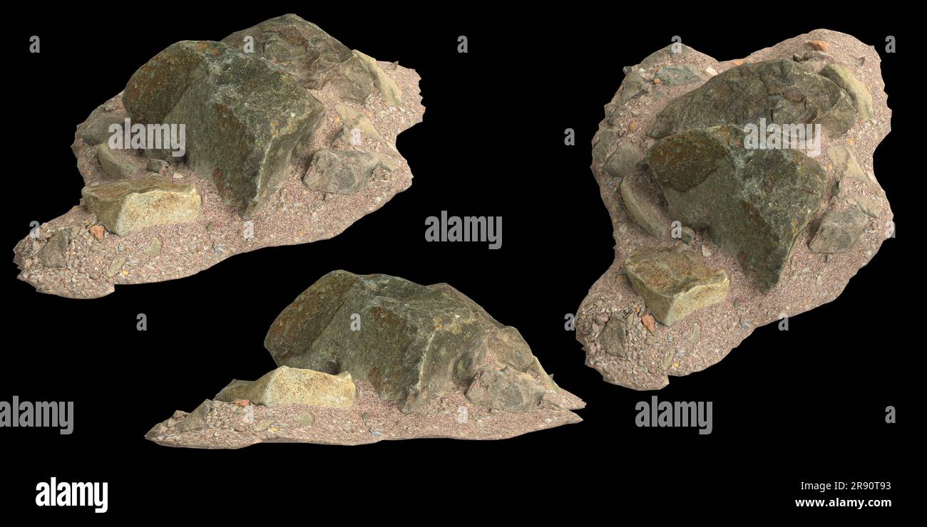 Stock Rocks 3d illustration of rocks on gravel shelf isolated on black background ...