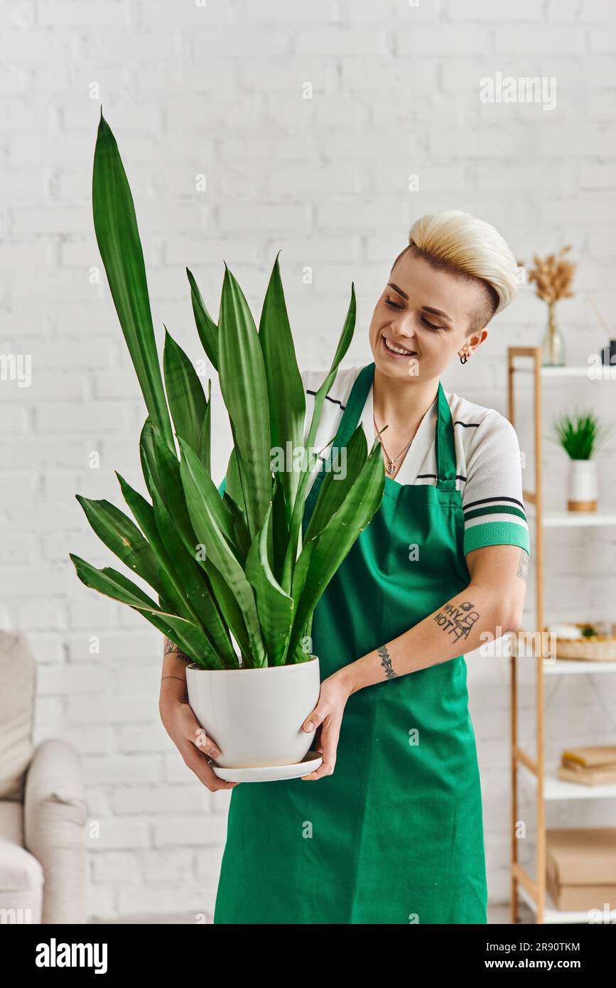 happiness, cheerful tattooed woman with trendy hairstyle holding flowerpot with exotic foliage plant in modern living room, eco-conscious lifestyle, s Stock Photo