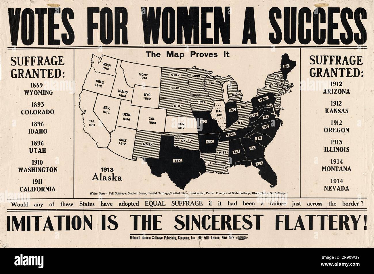 Votes for Women A Success. Imitation is the Sincerest Flattery. A camapign poster for women's suffrage in the USA showing a map of the country with the states that had allowed universal franchise and those who had not. Stock Photo