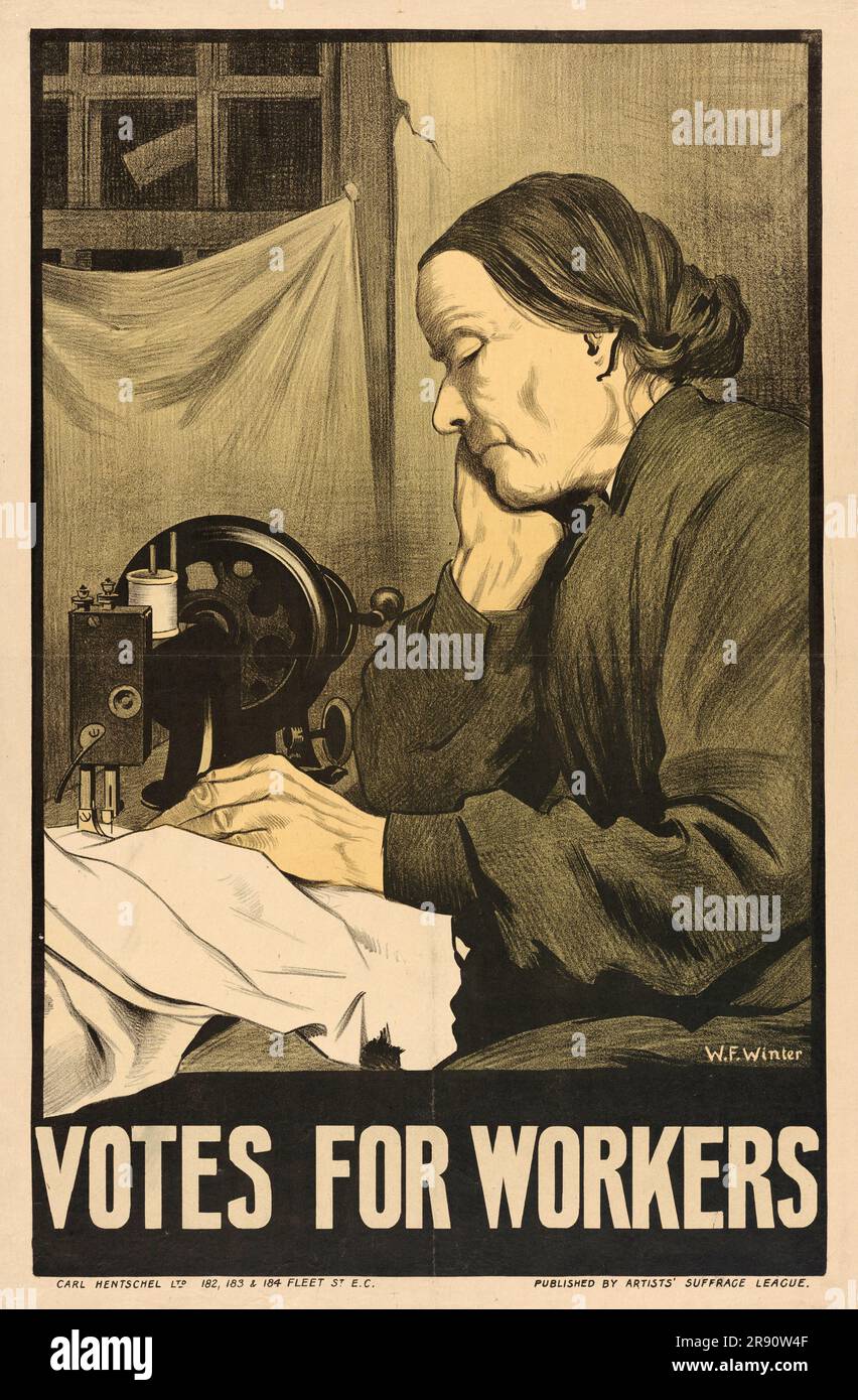 A vintagesuffragette campaign poster promoting votes for women, showing an exhausted older woman working at a sewing machine. Stock Photo