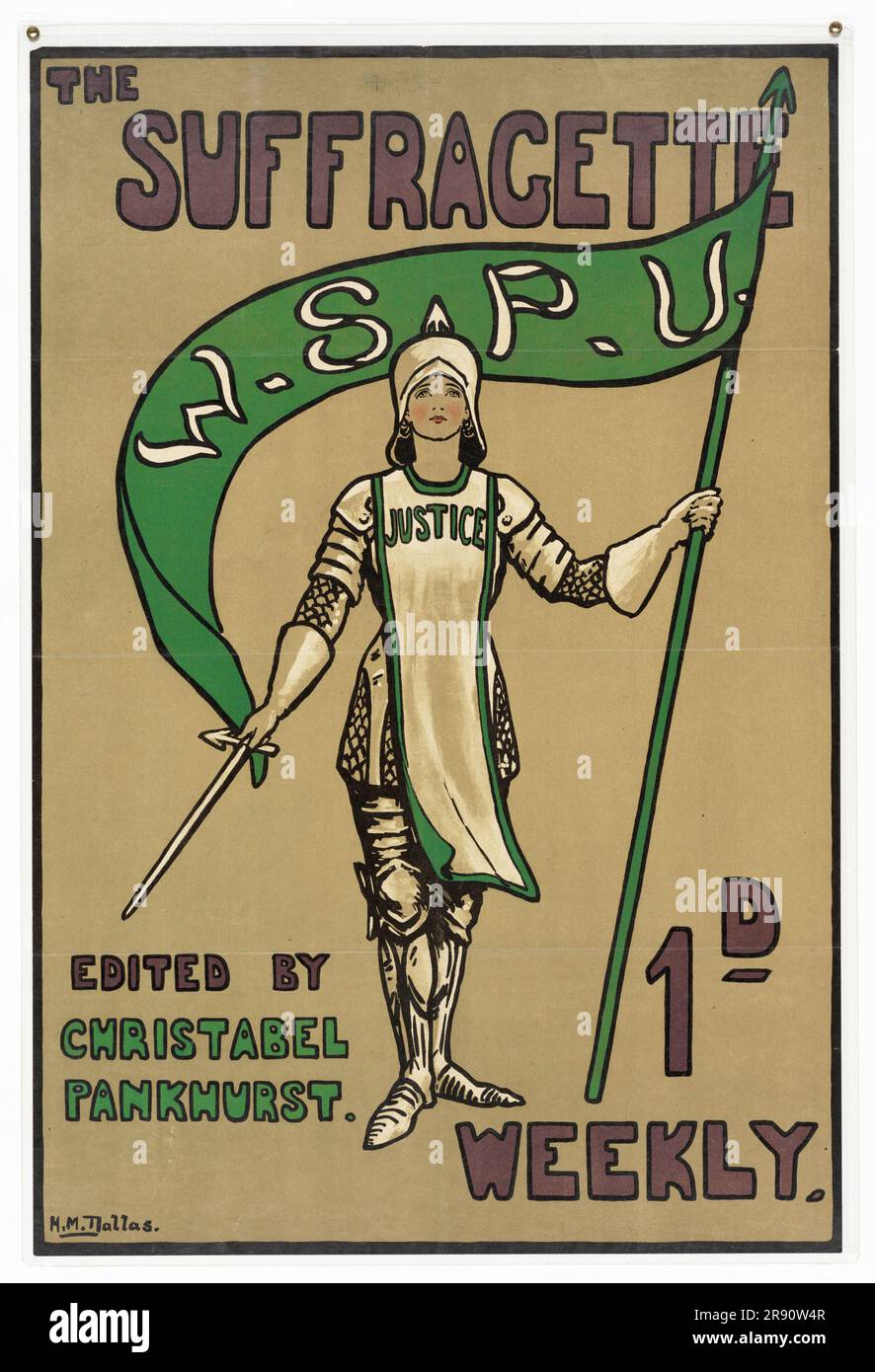 Suffrage poster depicting an issue of the periodical, The Suffragette, with a figure of a woman, 'Justice,' clad in armor, bearing a banner labeled W.S.P.U. (women's social and political union) Stock Photo
