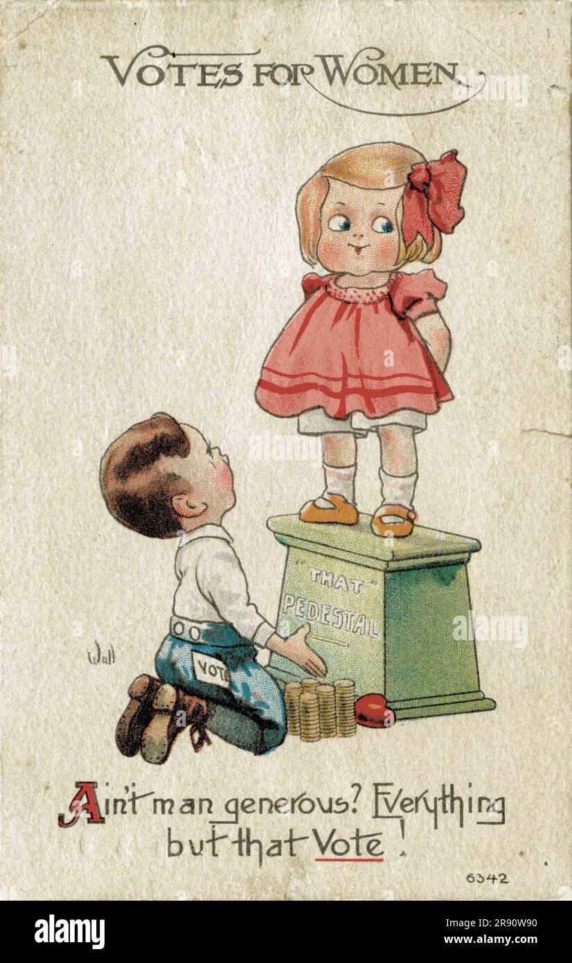 A vintage postcard camapigning for women's suffrage showing a a girl on a pedestal with a boy on his knees offering love and money with the text Ain't man generous? Everything but that vote. Stock Photo