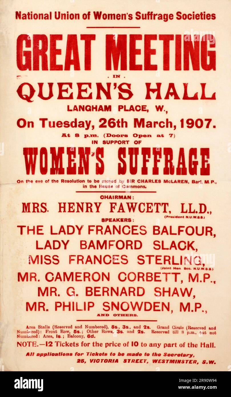 An advert for a National Union of Women's Suffrage Societies (NUWSS) meeting at Queens Hall, London, red printed inscription: 'National Union of Women's Suffrage Societies GREAT MEETING IN QUEEN'S HALL LANGHAM PLACE, W., On Tuesday, 26 Mar 1907. Stock Photo