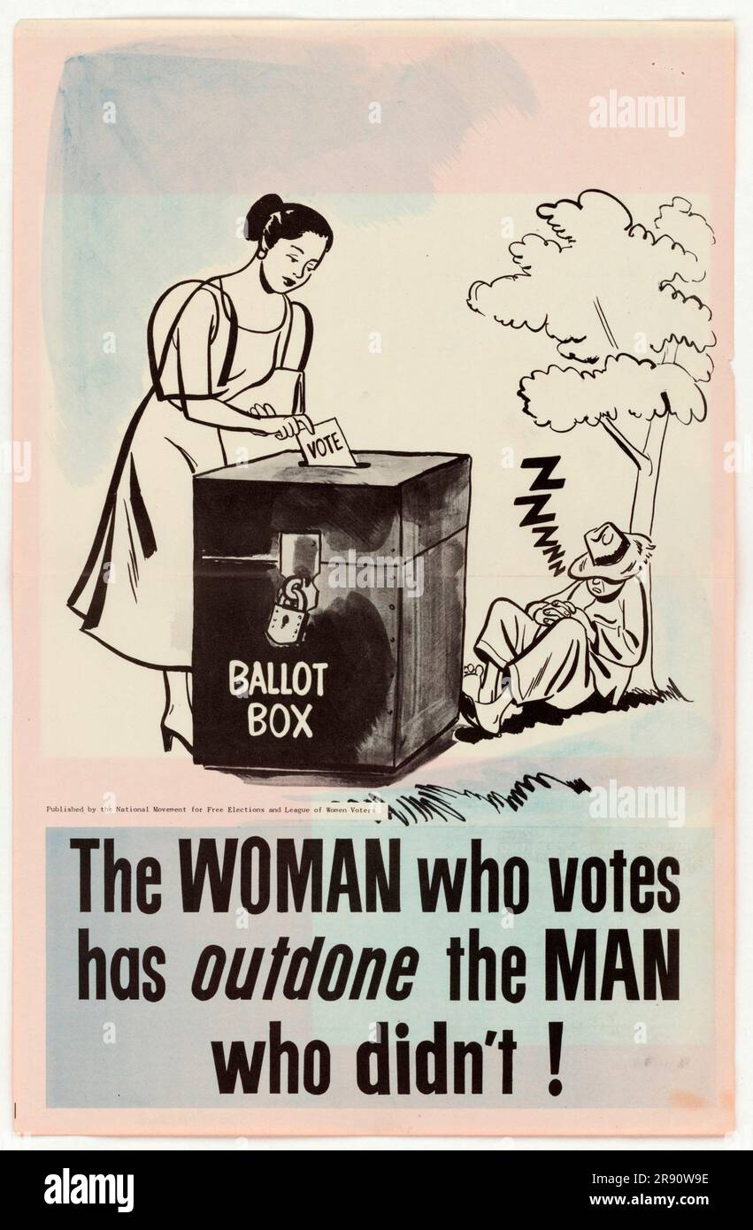 A vintage poster for women's suffrage showing a women voting next to a man asleep under a tree, with the text The Women who Votes has Outdone the man whi didn't. Stock Photo