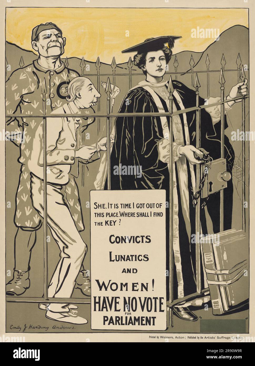 A vintage campaign poster for women's suffrage with the text Convicts Lunatics and Women! Have No Vote for Parliament, ca. 1907-1918. Stock Photo