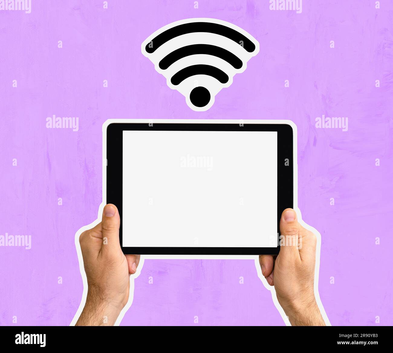 Composite image photo of digital tablet in hands and wifi icon on purple background, design cut out style. Stock Photo