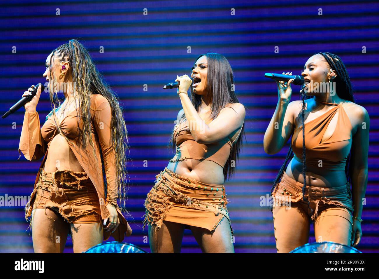 Somerset, UK. 23 June 2023. Flo performing on the Woodsies stage, at the Glastonbury Festival at Worthy Farm in Somerset. Picture date: Friday June 23, 2023. Photo credit should read: Matt Crossick/Empics/Alamy Live News Stock Photo