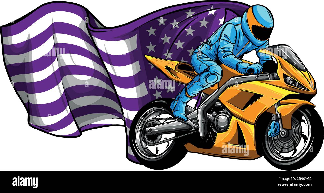 superbike racing motorcycle with american flag on white background