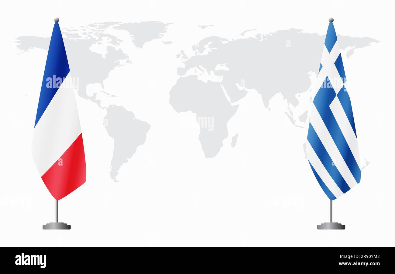 France and Greece flags for official meeting against background of