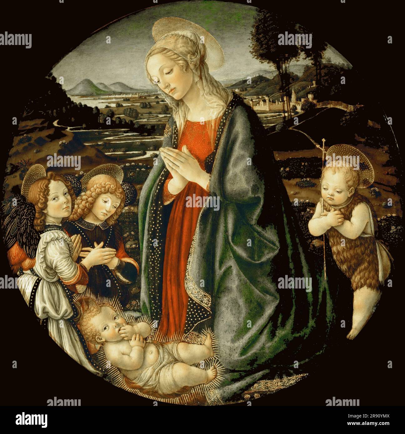 The Virgin Adoring the Christ Child with Saint John the Baptist and Two Angels, Last quarter of 15th century. Found in the collection of the Mus&#xe9;e du Louvre, Paris. Stock Photo