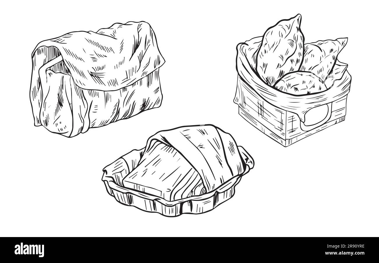 Handdrawn vintage vector illustration bread basket, flour bag
