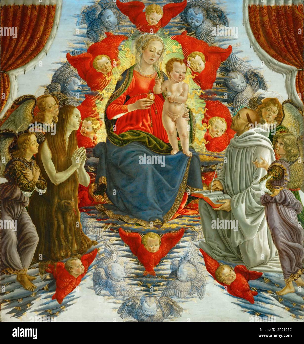 Madonna in Glory with Saint Mary Magdalene, Saint Bernard and Angels, Last quarter of 15th century. Found in the collection of the Mus&#xe9;e du Louvre, Paris. Stock Photo