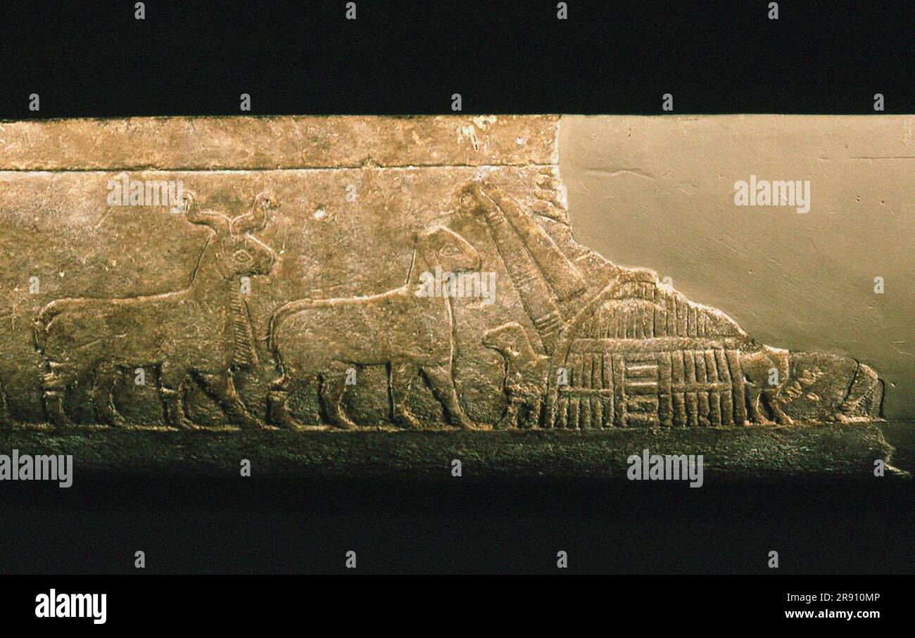 Sumerian reed house. Detail of the Uruk Trough, 3300-3000 BC. Found in the collection of the British Museum. Stock Photo