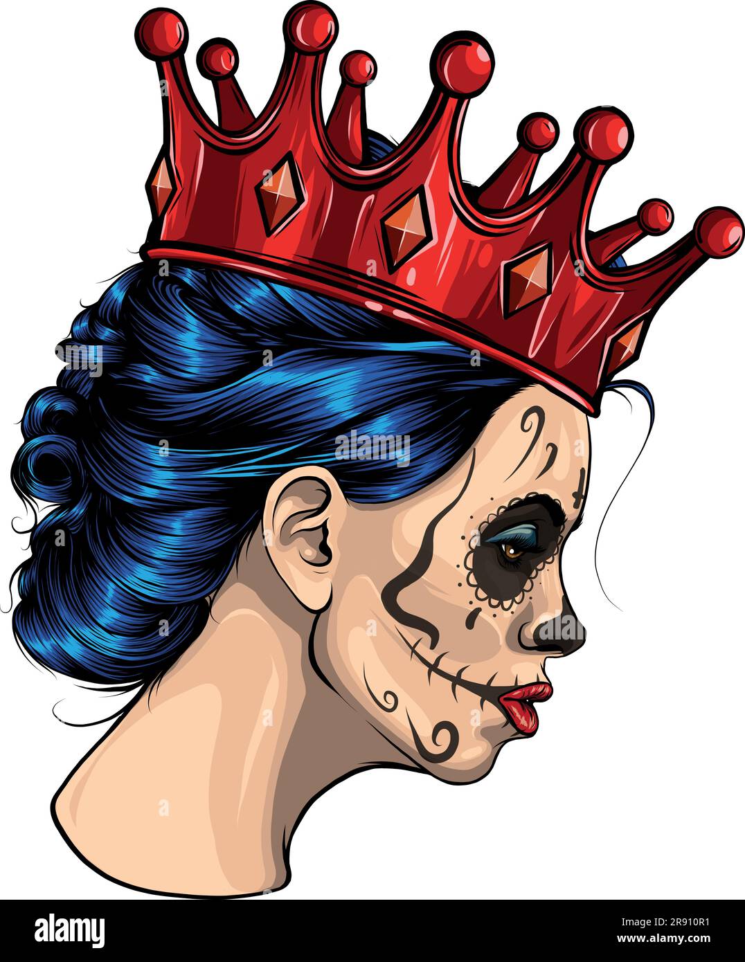vector illustration of mexican woman skull with crown Stock Vector