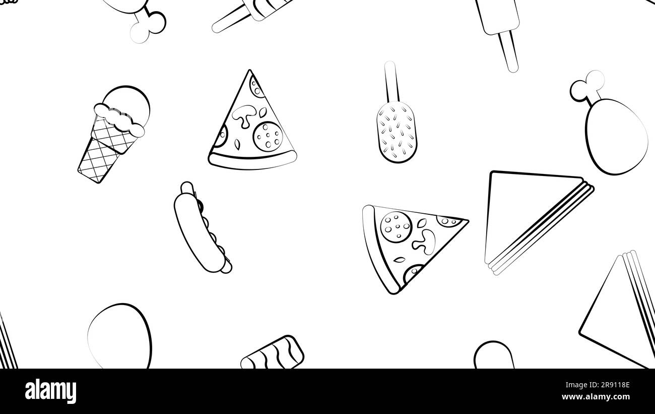 Black and white endless seamless pattern of food and snack items icons