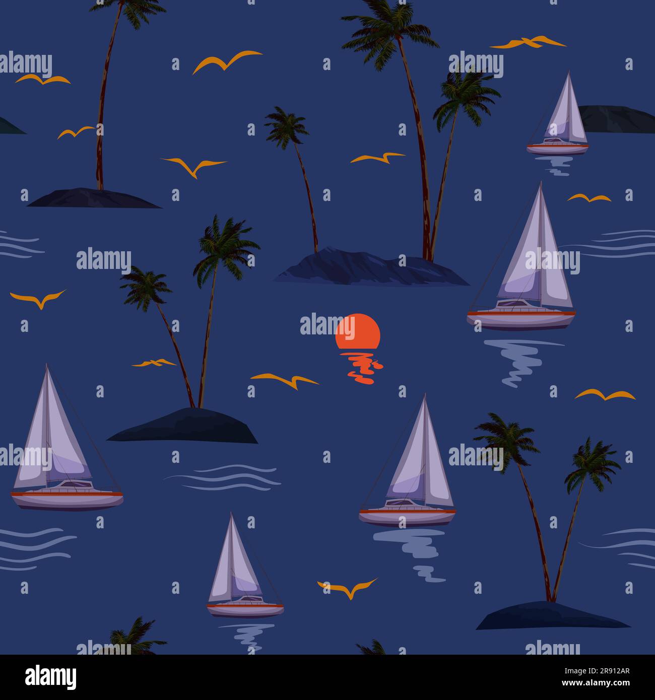Tropical island, sailboat, palms seamless pattern, vector illustration Stock Vector