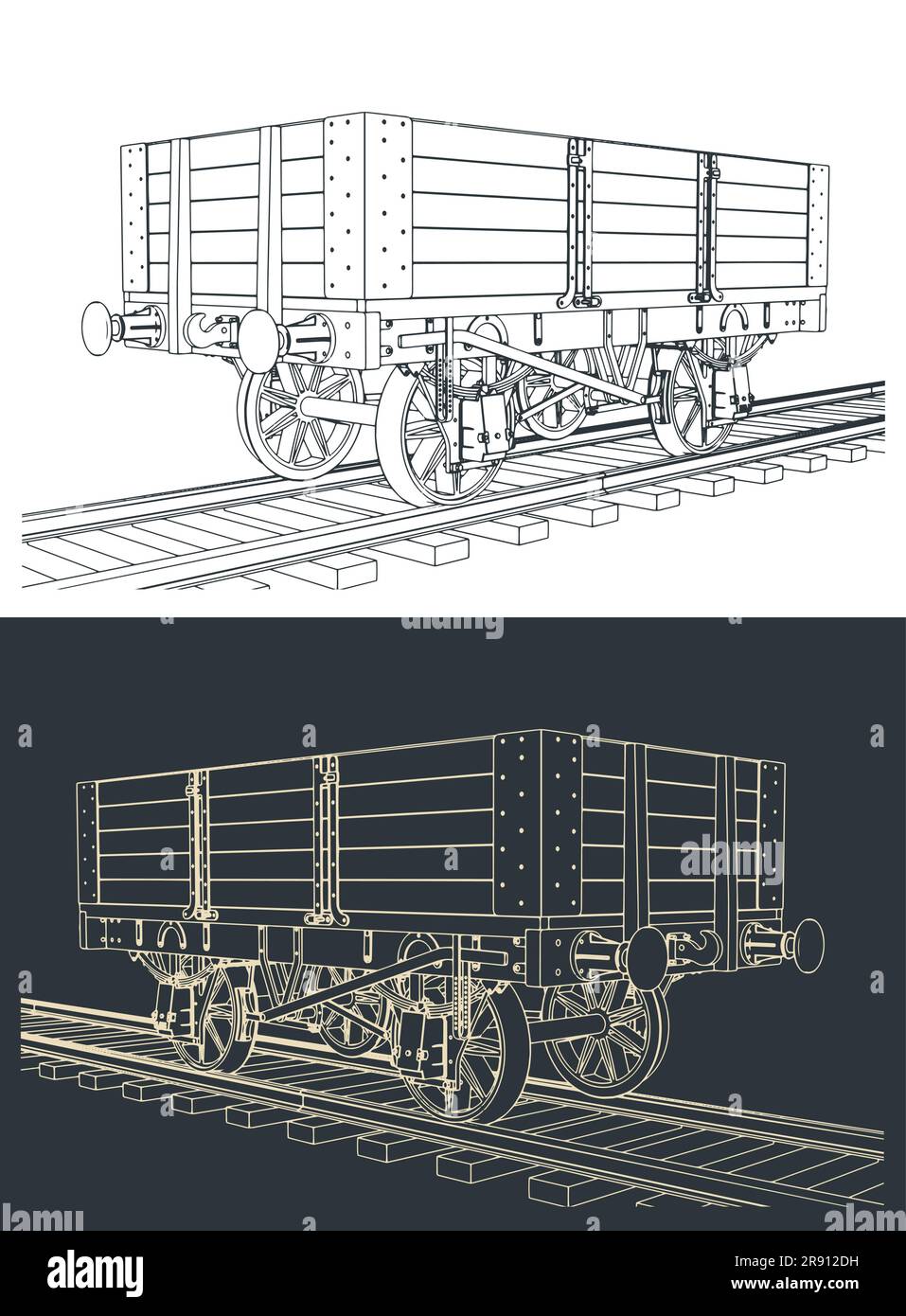 Stylized vector illustrations of 5 plank coal wagon Stock Vector
