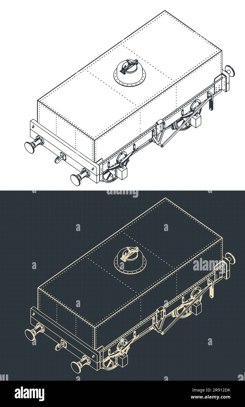 Stylized vector illustrations of isometric blueprints of rectangular tar tank wagon Stock Vector
