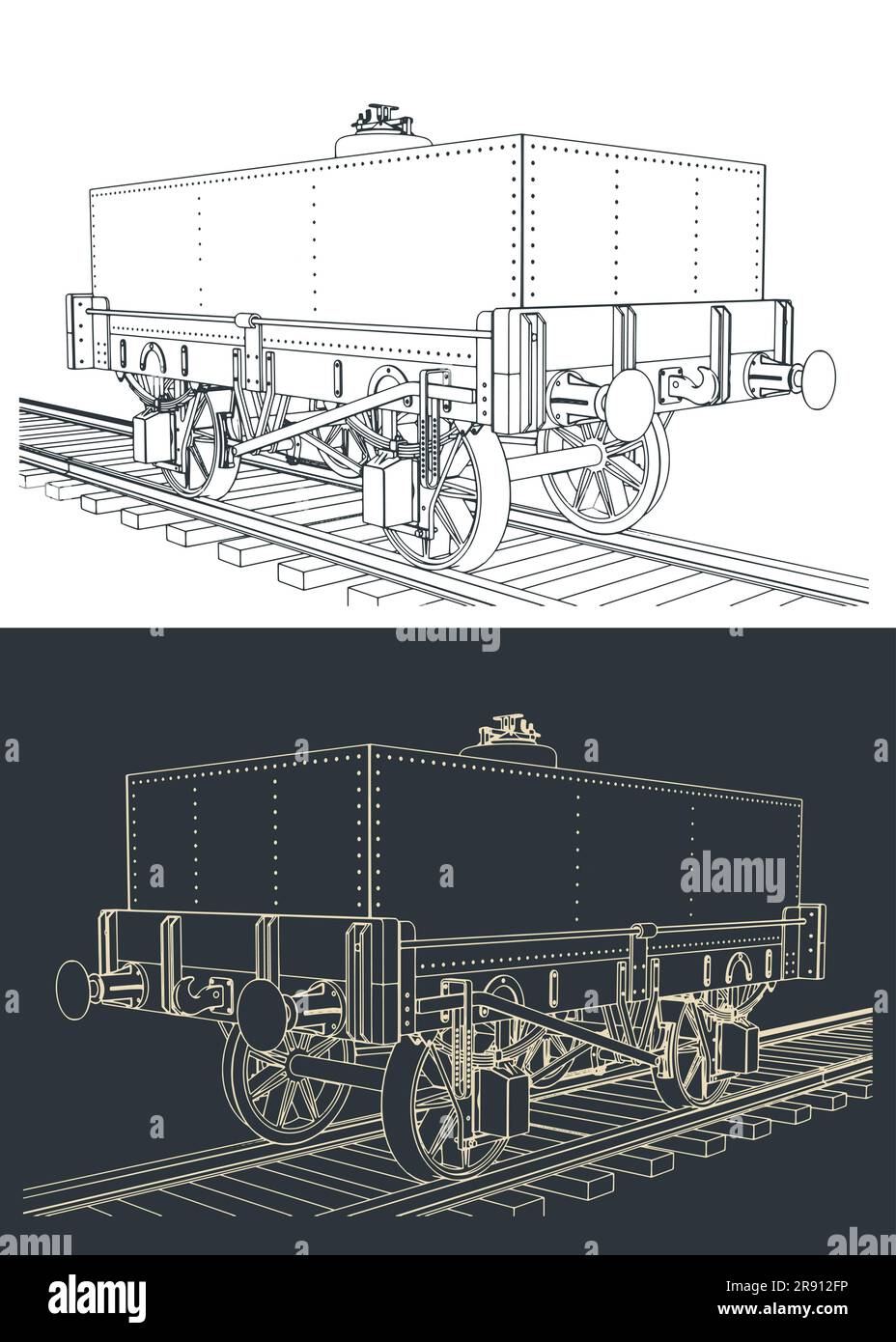 Stylized vector illustrations of rectangular tar tank wagon Stock Vector