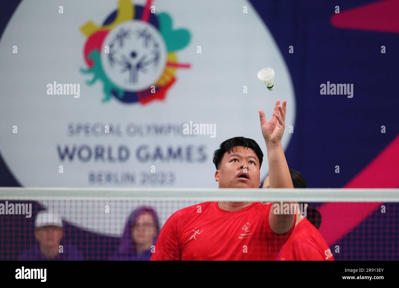 Berlin, Germany. 21st June, 2023. SO Singapore Tan/Bin Razid v SO Korea Lim/Lee compete on the badminton mixed doubles during the Special Olympics World Games Berlin 2023, the world's largest inclusive sports event where thousands of athletes with intellectual disabilities compete together in 26 sports from 17 to 25 June 2023. Credit: Isabel Infantes/Empics/Alamy Live News Stock Photo