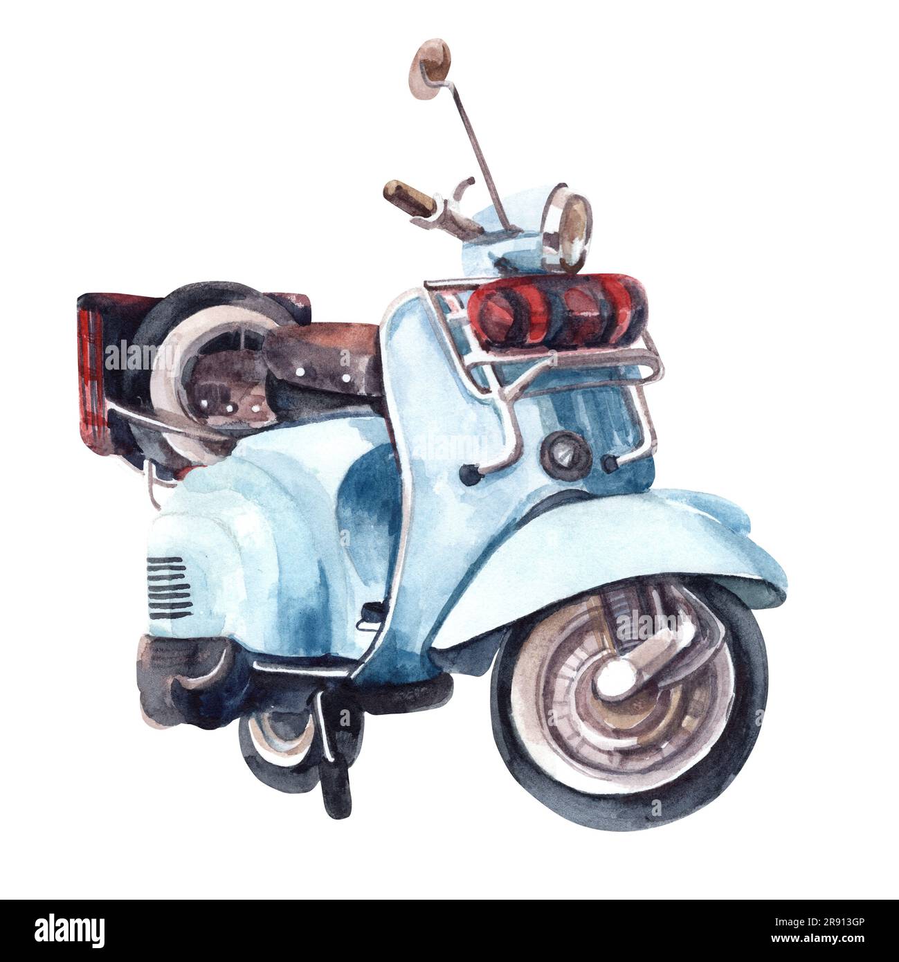 Blue retro moped watercolor blue in classic style on white background. Blue art paint. Watercolor illustration. Stock Photo
