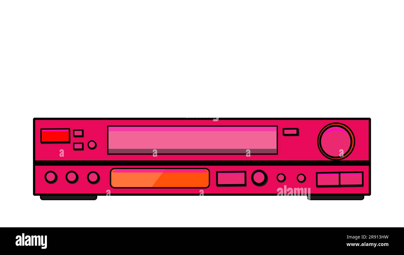 Pink old vintage retro hipster antique video recorder for videocassettes for watching movies, video with lots of buttons from the 80's, 90's in a flat Stock Vector