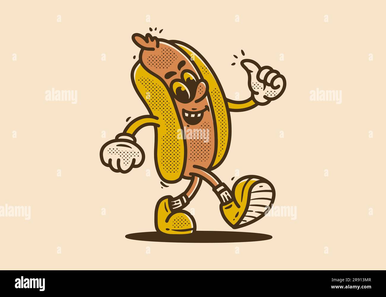 Hot dog mascot character walking with happy face, drawing in vintage style Stock Vector