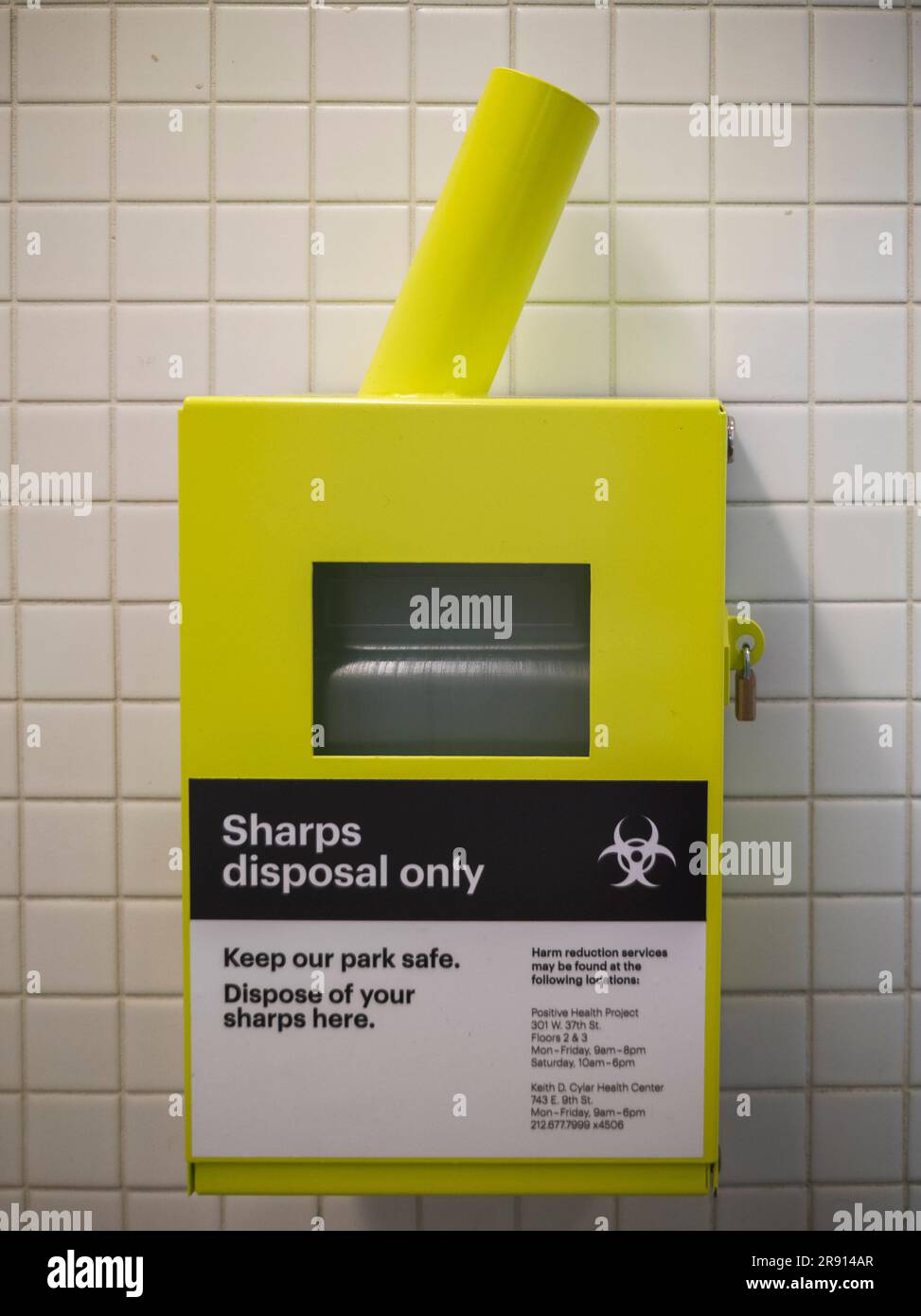 A sharps collection container in a public bathroom in New York on